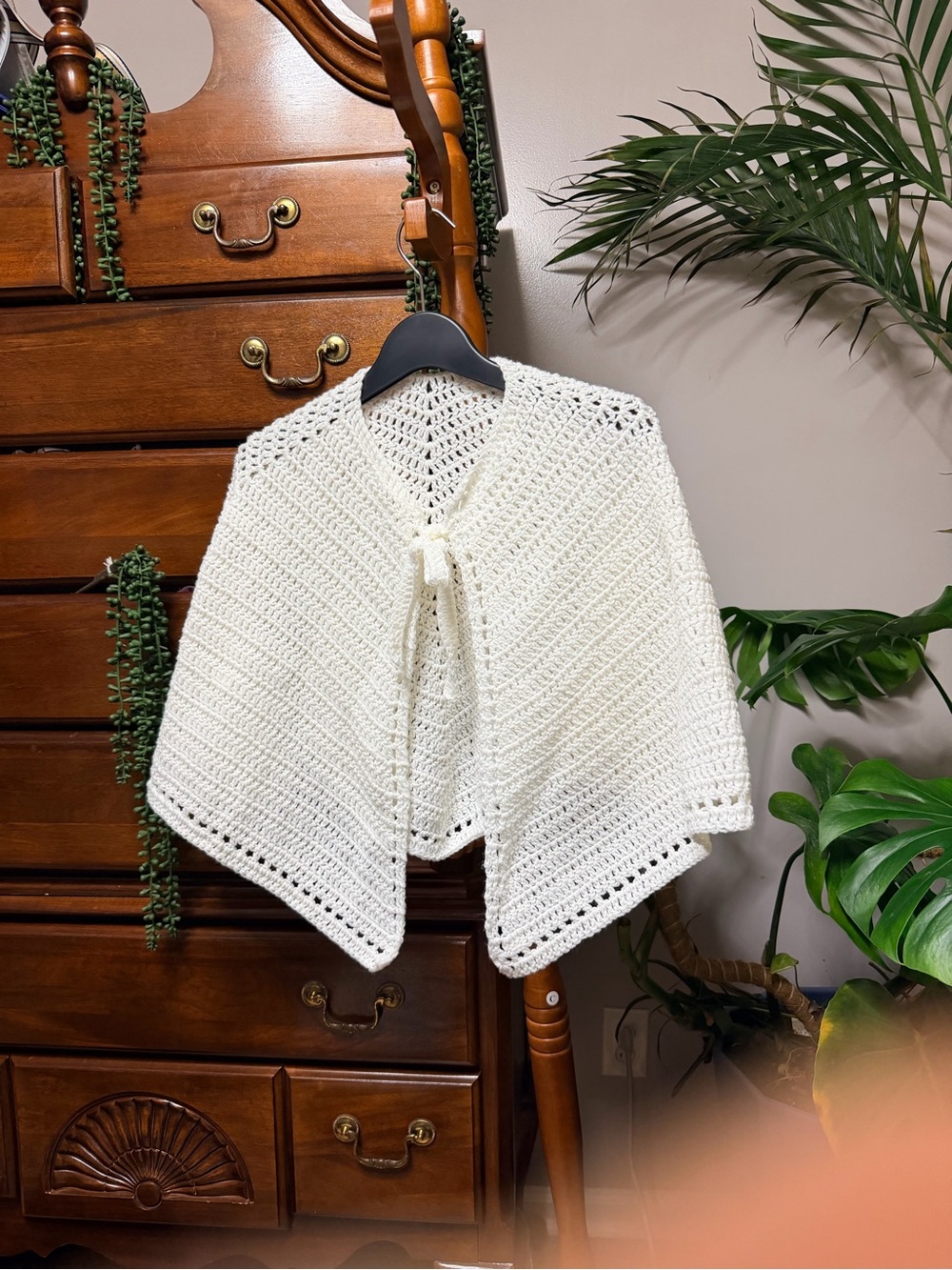 Vintage Handmade White Crochet Tie-Front Shawl Wrap- convertible to Apron!